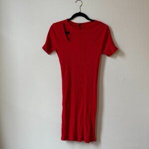 Monrow Women's Red Ribbed Cutout Tee Dress